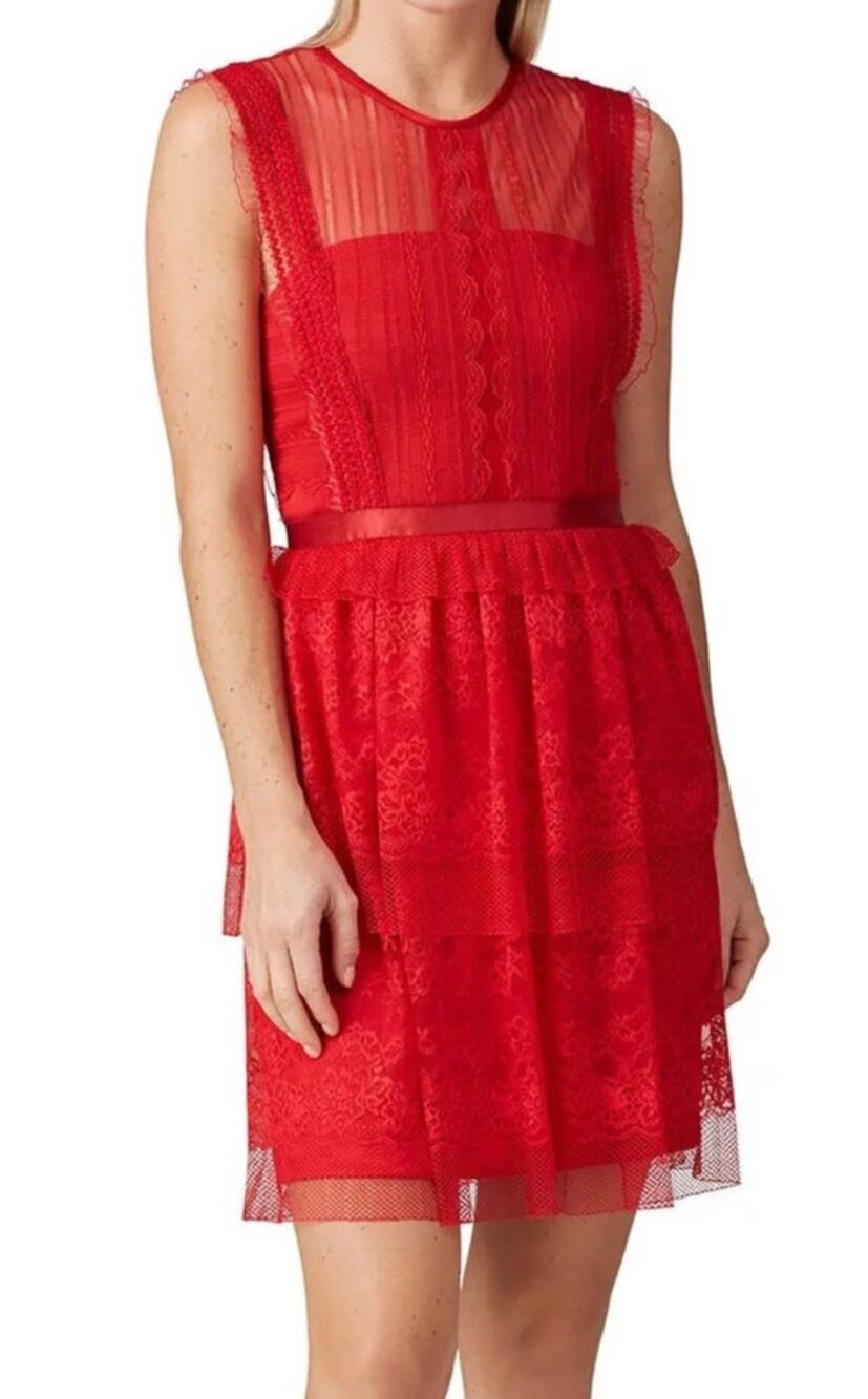 Three Floor Sheer Lace High Neck Mini Dress Sz 6 Red Coquette Romantic Cocktail